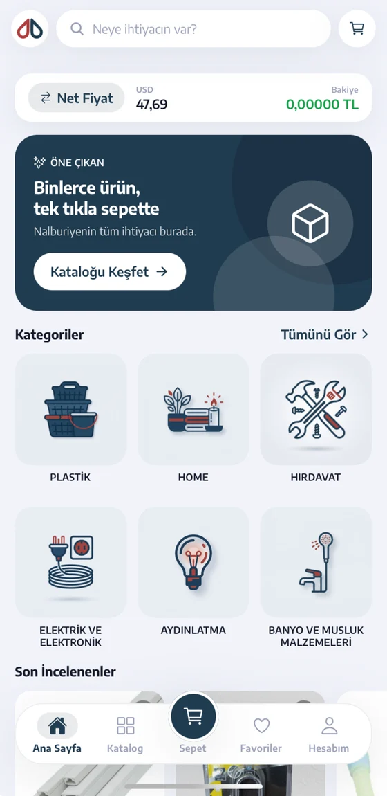 Bayi uygulamasında ana ekran: kategoriler ve hızlı erişim