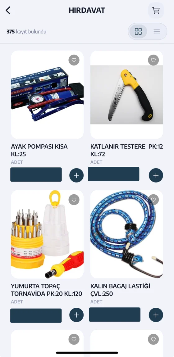 Bayi uygulamasında katalog ekranı: ürün kartları, adet girişi ve sepete ekleme