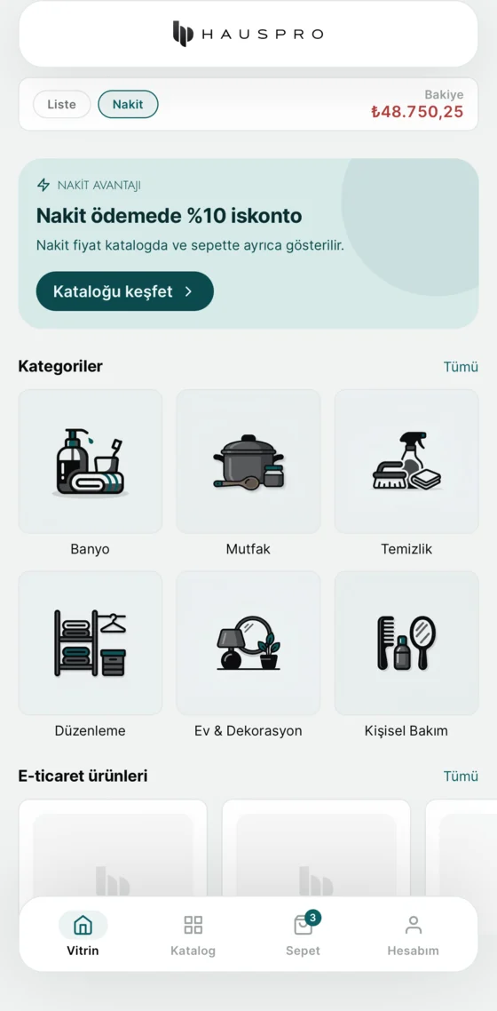 Bayi uygulamasında vitrin ekranı: kampanyalar ve öne çıkan ürünler